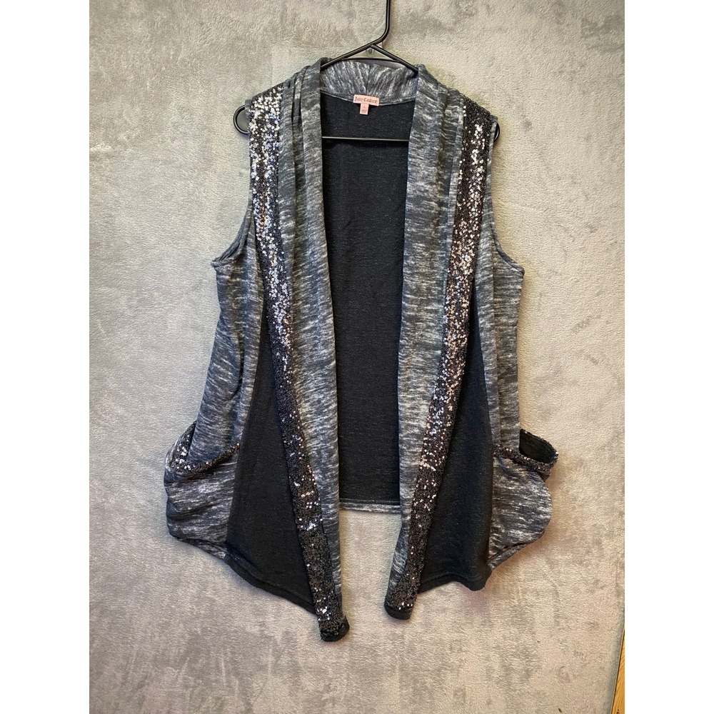 Juicy‎ Couture Vest Womens L Sequin Trim Space Dye Marl Grey Open Front EUC